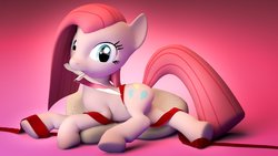 Size: 1200x675 | Tagged: safe, artist:nullpotower, pinkie pie, earth pony, pony, g4, 3d, blender, blender cycles, cycles render, female, knife, looking at you, mare, pinkamena diane pie, prone, ribbon, simple background