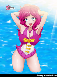 Size: 747x1000 | Tagged: safe, artist:clouddg, pinkie pie, equestria girls, g4, arm behind head, armpits, clothes, female, geode of sugar bombs, human coloration, signature, solo, swimsuit, water