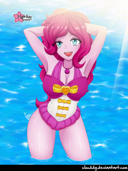 Size: 747x1000 | Tagged: safe, artist:clouddg, pinkie pie, human, equestria girls, equestria girls series, g4, adorasexy, arm behind head, armpits, breasts, busty pinkie pie, cleavage, clothes, crepuscular rays, cute, eye clipping through hair, female, geode of sugar bombs, open mouth, pony coloring, sexy, signature, solo, swimsuit, water