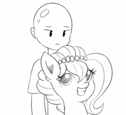 Size: 5760x5272 | Tagged: safe, artist:dsp2003, oc, oc:brownie bun, oc:richard, earth pony, human, pony, :|, absurd resolution, bald, female, grin, i can't believe it's not tjpones, male, mare, monochrome, simple background, sketch, smiling, style emulation, white background