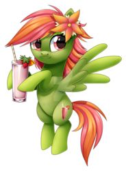 Size: 1024x1391 | Tagged: safe, artist:centchi, oc, oc only, oc:tropical smoothie, pegasus, pony, female, flower, flower in hair, mare, simple background, smoothie, solo, transparent background