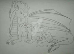 Size: 1024x751 | Tagged: safe, artist:kiralindocruz, rarity, spike, oc, oc:freedom wings, dracony, dragon, hybrid, g4, family, female, interspecies offspring, male, offspring, older, older spike, parent:rarity, parent:spike, parents:sparity, pencil drawing, pregnant, ship:sparity, shipping, straight, traditional art, watermark, wing shelter, winged spike, wings