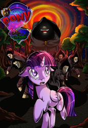 Size: 1800x2622 | Tagged: safe, artist:candyclumsy, twilight sparkle, alicorn, pony, comic:curse and madness, g4, cloak, clothes, comic, cover, cultist, dark, fanfic, fangs, female, forest, glowing mouth, logo parody, mare, mlpcam, night, ominous, portal, raised hoof, scared, terrified, twilight sparkle (alicorn)