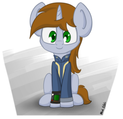 Size: 4137x4000 | Tagged: safe, artist:machstyle, oc, oc only, oc:littlepip, pony, unicorn, fallout equestria, absurd resolution, clothes, fanfic, fanfic art, female, hooves, horn, jumpsuit, looking at you, mare, pipbuck, simple background, sitting, smiling, solo, transparent background, vault suit