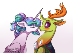 Size: 1960x1417 | Tagged: safe, artist:marbola, princess celestia, thorax, alicorn, changedling, changeling, pony, g4, alternate hairstyle, blushing, boop, eyes closed, female, king thorax, male, mare, noseboop, ponytail, shipping, smiling, stallion, straight, thoralestia, wavy mouth