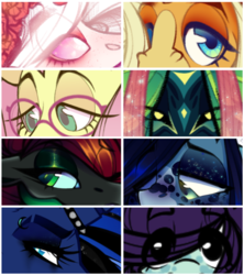 Size: 1701x1915 | Tagged: safe, artist:sylvanaurora, fluttershy, princess luna, oc, alicorn, changeling, pegasus, pony, unicorn, g4, changeling oc, eyememe, female, glasses, mare, punk luna