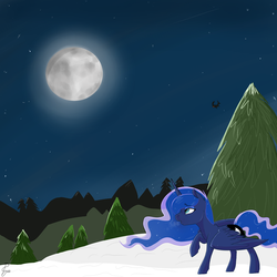 Size: 4000x4000 | Tagged: safe, artist:poowndraww, princess luna, alicorn, bat, pony, g4, female, mare, moon, snow, solo, tree