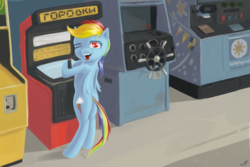 Size: 6000x4000 | Tagged: safe, artist:madgehog, rainbow dash, pegasus, pony, g4, arcade, arcade game, bipedal, cyrillic, female, happy, looking at you, mare, open mouth, russian, video game, vintage