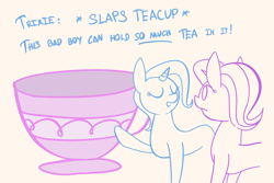 Size: 2840x1900 | Tagged: safe, artist:niteax, starlight glimmer, trixie, pony, unicorn, g4, car salesman, cup, duo, eyes closed, female, mare, pointing, simple background, slaps roof of car meme, teacup, that pony sure does love teacups, white background