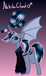 Size: 547x900 | Tagged: safe, artist:eppyminecart, oc, oc only, oc:nebula cloud, alicorn, bat pony, bat pony alicorn, pony, icey-verse, alicorn oc, bat pony oc, clothes, ethereal mane, gradient mane, hoodie, magical lesbian spawn, male, next generation, offspring, parent:oc:elizabat stormfeather, parent:oc:midnight, ponytail, solo, stallion, starry mane