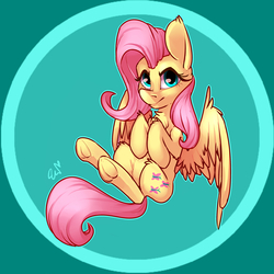 Size: 2400x2400 | Tagged: safe, artist:passigcamel, fluttershy, pegasus, pony, g4, chest fluff, female, high res, hooves to the chest, looking at you, mare, simple background, solo, spread wings, underhoof, wings