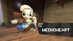 Size: 1366x768 | Tagged: safe, artist:thecrucifieddevil, nurse redheart, g4, 3d, glasses, gmod, gun, medic, medic (tf2), syringe gun, team fortress 2, weapon