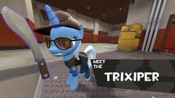 Size: 1366x768 | Tagged: safe, artist:thecrucifieddevil, trixie, g4, 3d, aviator sunglasses, clothes, hat, kukri, machete, magic, magic aura, sniper, sniper (tf2), sunglasses, team fortress 2, vest