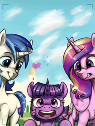 Size: 2800x3700 | Tagged: safe, artist:silverhopexiii, princess cadance, shining armor, twilight sparkle, alicorn, pony, unicorn, g4, brother and sister, camera shot, cute, female, filly, filly twilight sparkle, happy, high res, male, mare, photobomb, smiling, stallion, younger