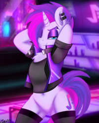 Size: 2000x2500 | Tagged: safe, artist:ciderpunk, oc, oc only, oc:synthwave, unicorn, semi-anthro, arm behind head, bipedal, bottomless, clothes, ear piercing, featureless crotch, female, high res, horn, lidded eyes, looking at you, mare, nudity, partial nudity, piercing, smiling, solo, stockings, thigh highs, vest