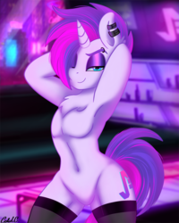 Size: 2000x2500 | Tagged: safe, artist:ciderpunk, oc, oc only, oc:synthwave, unicorn, semi-anthro, arm behind head, armpits, clothes, cyberpunk, ear piercing, earring, featureless crotch, female, fluffy, high res, horn, jewelry, lidded eyes, looking at you, mare, new retro wave, piercing, retrofuturism, sexy, smiling, socks, solo, stockings, thigh highs