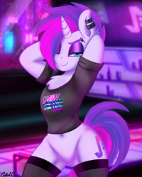 Size: 2000x2500 | Tagged: safe, artist:ciderpunk, oc, oc only, oc:synthwave, unicorn, semi-anthro, arm behind head, clothes, cyberpunk, ear piercing, earring, female, fluffy, high res, horn, jewelry, lidded eyes, looking at you, new retro wave, piercing, retrofuturism, sexy, smiling, socks, solo, stockings, thigh highs, vest