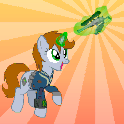 Size: 640x640 | Tagged: safe, oc, oc:littlepip, pony, unicorn, fallout equestria, abstract background, animated, clothes, cutie mark, fanfic, fanfic art, female, gif, glowing horn, gun, handgun, hooves, horn, imminent darwin award, imminent suicide, jumpsuit, levitation, little macintosh, loop, magic, mare, open mouth, optical sight, pipbuck, pixel art, revolver, solo, sunburst background, telekinesis, this will end in death, this will end in suicide, too dumb to live, unsafe weapon handling, vault suit, weapon