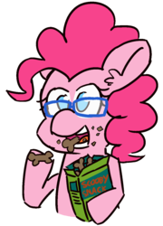 Size: 900x1250 | Tagged: safe, artist:threetwotwo32232, pinkie pie, pony, g4, 30 minute art challenge, biscuits, eating, female, glasses, scooby snack, simple background, solo, transparent background