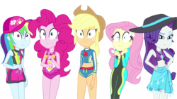 Size: 1920x1080 | Tagged: safe, edit, edited screencap, editor:lonely fanboy48, screencap, applejack, fluttershy, pinkie pie, rainbow dash, rarity, equestria girls, equestria girls series, forgotten friendship, g4, applejack's beach shorts swimsuit, background removed, beach, bikini, bikini top, cap, clothes, female, hat, humane five, not a vector, one-piece swimsuit, pinkie pie swimsuit, reaction image, sarong, scared, shocked, simple background, sun hat, swimsuit, transparent background, wetsuit