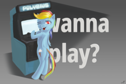 Size: 6000x4000 | Tagged: safe, alternate version, artist:madgehog, rainbow dash, pegasus, pony, g4, arcade, arcade game, bipedal, female, happy, looking at you, mare, open mouth, playing, polybius, this will not end well
