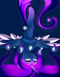 Size: 2975x3850 | Tagged: safe, artist:a8f12, princess luna, alicorn, pony, g4, cheek fluff, chest fluff, constellation, constellation hair, cute, ethereal mane, female, high res, i can't believe it's not magnaluna, leg fluff, lunabetes, lunar phases, mare, solo, starry mane, two toned wings, upside down, wings