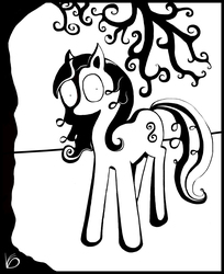 Size: 2000x2457 | Tagged: safe, artist:weepingangle, earth pony, pony, black and white, female, grayscale, high res, mare, monochrome, solo, tree, wide eyes