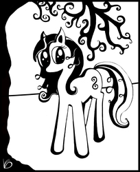 Size: 2000x2457 | Tagged: safe, artist:weepingangle, earth pony, pony, black and white, female, grayscale, high res, mare, monochrome, solo, tree