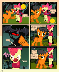 Size: 900x1080 | Tagged: safe, artist:lister-of-smeg, apple bloom, oc, oc:lazybug, bat, comic:zap-o-lantern, g4, apple, colt, comic, food, male, tied up