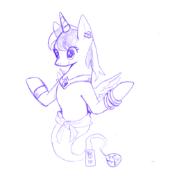 Size: 1661x1698 | Tagged: safe, artist:pencil-fairytale, oc, oc only, oc:parcly taxel, alicorn, genie, genie pony, pony, albumin flask, alicorn oc, armband, bottle, bracelet, collar, ear piercing, earring, female, horn, horn ring, jewelry, mare, monochrome, pencil drawing, piercing, small wings, smiling, solo, traditional art, waistband