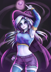 Size: 706x1000 | Tagged: safe, artist:the-park, starlight glimmer, trixie, human, g4, armpits, belly button, breasts, busty trixie, cape, clothes, cup, denim shorts, female, hat, humanized, magic, midriff, plushie, redo, shorts, simple background, socks, solo, tank top, teacup, thigh highs, thighs, trixie's cape, trixie's hat, witch hat