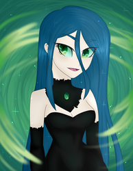 Size: 1939x2500 | Tagged: safe, artist:oniiponii, queen chrysalis, human, g4, clothes, dress, female, humanized, open mouth, smiling, solo