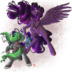 Size: 2000x2000 | Tagged: safe, artist:sourcherry, oc, oc only, oc:emerald glint, alicorn, pony, unicorn, fallout equestria, alicorn oc, alien blaster, armor, artificial alicorn, bow, curly hair, fanfic, fanfic art, female, glowing horn, gun, handgun, high res, hooves, horn, levitation, magic, mare, muscles, pistol, purple alicorn (fo:e), rear, rear view, rearing, scowl, telekinesis, wasteland ventures, weapon, wings