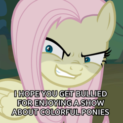 Size: 1024x1029 | Tagged: safe, edit, edited screencap, screencap, mean fluttershy, pegasus, pony, g4, the mean 6, caption, clone, cropped, edgy, female, image macro, in character, malediction, mare, meme, meta, solo
