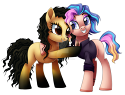 Size: 1600x1217 | Tagged: safe, artist:centchi, oc, oc only, oc:mystery, oc:terra, earth pony, pony, clothes, eyeshadow, female, hug, makeup, mare, shirt, siblings, simple background, sisters, transparent background, watermark