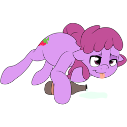 Size: 800x800 | Tagged: safe, artist:bennimarru, berry punch, berryshine, earth pony, pony, g4, alcohol, bottle, drunk, female, flat colors, floppy ears, lidded eyes, lying down, manechat challenge, mare, on side, simple background, smiling, solo, tongue out, transparent background