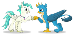 Size: 1700x824 | Tagged: safe, artist:littlehybridshila, gallus, terramar, classical hippogriff, griffon, hippogriff, g4, claws, duo, duo male, fist bump, looking at each other, looking at someone, male, open mouth, open smile, paws, signature, simple background, smiling, white background, wings