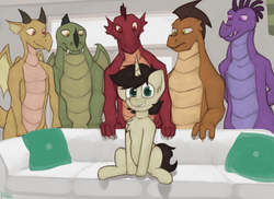 Size: 2335x1704 | Tagged: safe, artist:marsminer, oc, oc only, oc:keith, dragon, pony, unicorn, couch, imminent gangbang, imminent sex, male, pillow, piper perri surrounded, sitting, smiling, stallion