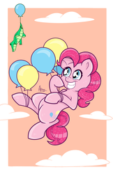 Size: 3300x5100 | Tagged: safe, artist:alemet-gur, gummy, pinkie pie, earth pony, pony, g4, balloon, cloud, female, floating, mare, sky, then watch her balloons lift her up to the sky