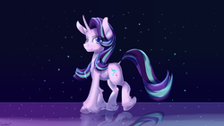Size: 1920x1080 | Tagged: safe, artist:sintakhra, starlight glimmer, pony, unicorn, g4, chest fluff, curved horn, female, horn, mare, reflection, smiling, solo, unshorn fetlocks