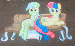 Size: 4468x2763 | Tagged: safe, alternate version, artist:malte279, bon bon, lyra heartstrings, sweetie drops, g4, bench, chalk drawing, female, lesbian, safety goggles, ship:lyrabon, shipping, traditional art