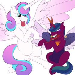 Size: 2048x2048 | Tagged: safe, artist:percy-mcmurphy, princess flurry heart, oc, oc:alistair, alicorn, changedling, changeling, changepony, pony, g4, colored sclera, cousins, fangs, high res, horn, hybrid wings, interspecies offspring, looking at each other, next generation, offspring, parent:thorax, parent:twilight sparkle, parents:twirax, playing, simple background, size difference, tongue out, transparent background