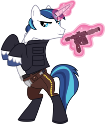 Size: 843x1000 | Tagged: safe, artist:cloudy glow, shining armor, pony, unicorn, g4, blaster, clothes, cosplay, costume, disney, glowing horn, han solo, horn, magic, male, rearing, simple background, solo, star wars, telekinesis, transparent background, unshorn fetlocks