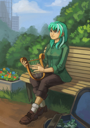 Size: 800x1140 | Tagged: safe, artist:asimos, artist:lexx2dot0, artist:maytee, lyra heartstrings, human, fanfic:anthropology, g4, bench, city, cloud, fanfic, fanfic art, female, flower, humanized, looking up, lyre, money, musical instrument, park, sitting, smiling, solo