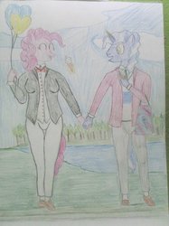 Size: 1280x1707 | Tagged: safe, artist:mildgyth, pinkie pie, pokey pierce, anthro, plantigrade anthro, ziragshabdarverse, g4, bag, balloon, bowtie, clothes, food, holding hands, ice cream, ice cream cone, lake, magic, male, necktie, pants, party balloon, ship:pokeypie, shipping, shirt, shoes, straight, suit, sweater vest, traditional art, tree, walking