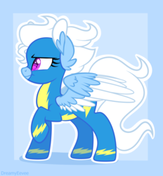 Size: 2720x2932 | Tagged: safe, artist:dreamyeevee, oc, oc only, oc:cloud shaper, pegasus, pony, blue background, clothes, colored pupils, cute, ear fluff, female, frown, glare, high res, mare, not fleetfoot, raised hoof, simple background, solo, spread wings, uniform, wing fluff, wings, wonderbolts, wonderbolts uniform