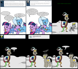 Size: 1824x1624 | Tagged: safe, artist:dekomaru, edit, discord, princess luna, trixie, twilight sparkle, oc, oc:nebula, draconequus, earth pony, pony, unicorn, moonstuck, tumblr:ask twixie, g4, ask, banana, cartographer's cap, comic, crossover, female, filly, food, hat, lesbian, magical lesbian spawn, moon, offspring, parent:trixie, parent:twilight sparkle, parents:twixie, ponified, pregnant, ship:twixie, shipping, tumblr, woona, younger