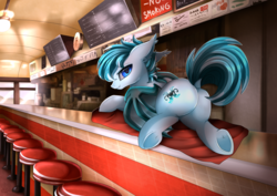 Size: 3550x2509 | Tagged: safe, artist:pridark, oc, oc only, bat pony, pony, bar, bat pony oc, bedroom eyes, blanket, butt, cafe, caption, cloth, commission, counter, dock, ear fluff, english, fluffy, high res, looking at you, looking back, looking back at you, lying, male, plot, presenting, prone, raised tail, rear view, smiling, solo, spread wings, stallion, stool, tail, underhoof, wings