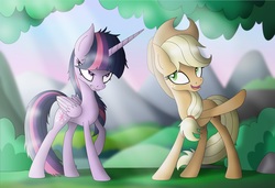 Size: 4816x3288 | Tagged: safe, artist:omnisimon11, mean applejack, mean twilight sparkle, alicorn, earth pony, pony, g4, the mean 6, bush, clone, cowboy hat, crepuscular rays, freckles, grass, hat, open mouth, raised hoof, scenery, stetson, tree, twilight sparkle (alicorn)