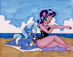 Size: 2130x1658 | Tagged: safe, artist:newyorkx3, starlight glimmer, trixie, unicorn, anthro, plantigrade anthro, g4, adorasexy, barefoot, beach, bikini, black swimsuit, breasts, cleavage, clothes, curvy, cute, duo, eye contact, eyelashes, eyeshadow, featured image, feet, female, horn, lidded eyes, looking at each other, looking back, makeup, mare, ocean, one-piece swimsuit, open mouth, prone, rubbing, sexy, signature, sitting, sky, smiling, swimsuit, towel, traditional art, white swimsuit